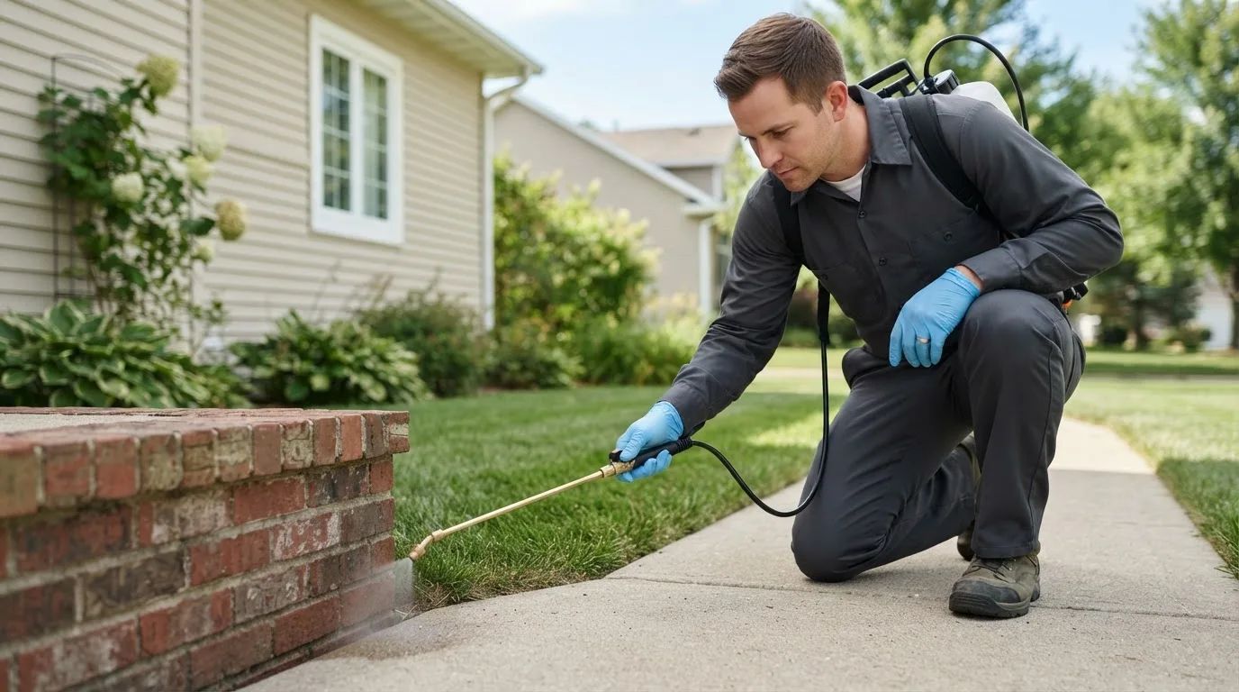 Pest control technician treating a home near Kennett Square, PA